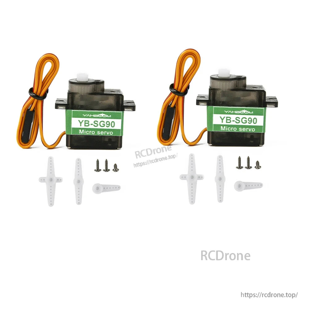 Two Yahboom YB-SG90 micro servos shown side by side with horn sets and mounting screws (2-pack)