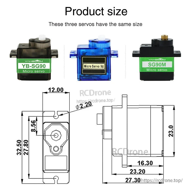Yahboom YB-SG90 9g digital micro servo size diagram with dimension drawing and top/side measurements