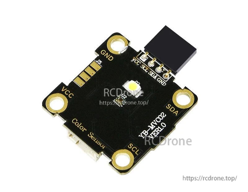 Angled view of the color sensor PCB showing silkscreen labels and mounting holes