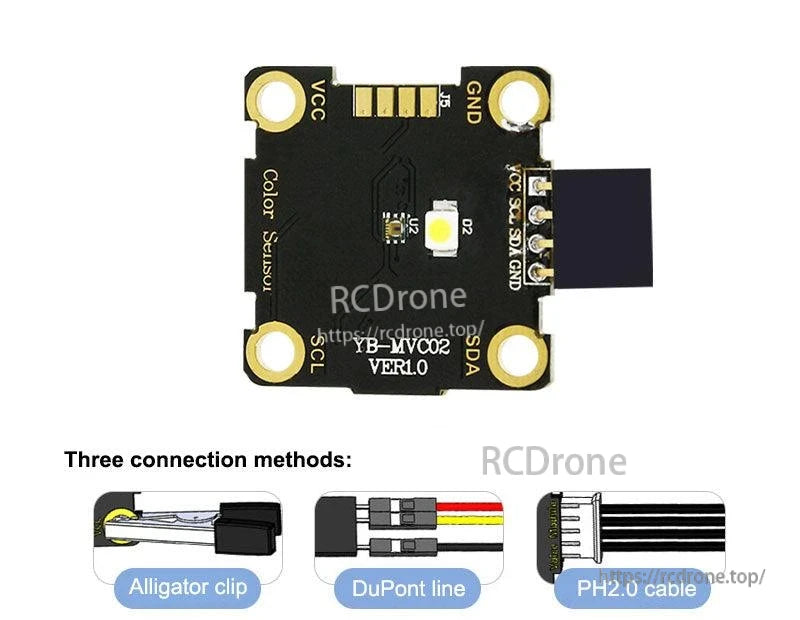 Color sensor module showing three connection options: alligator clip, DuPont jumper line, PH2.0 cable