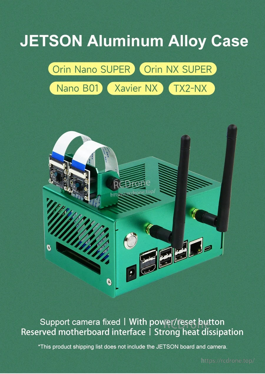 Yahboom Green Aluminum Alloy Case installed with antennas and camera bracket for Jetson boards