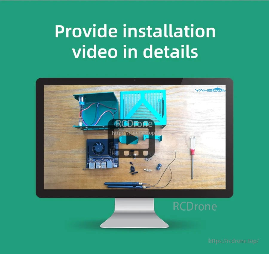 Installation video preview showing case parts, screws, and assembly layout on a screen