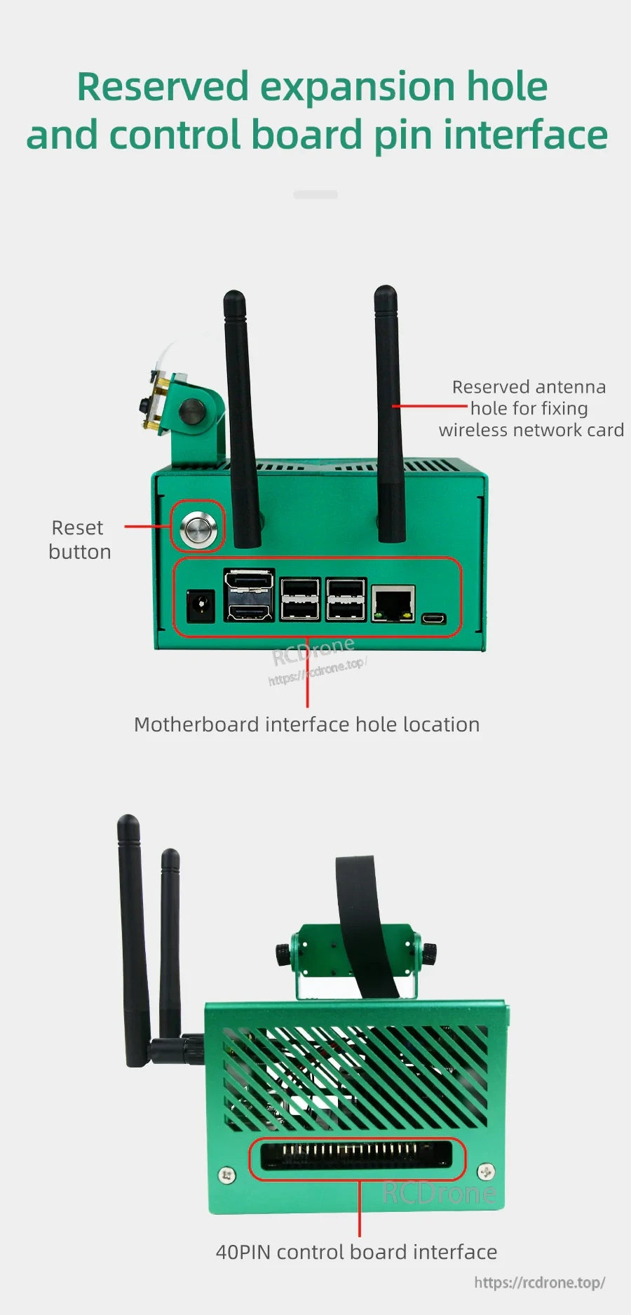 Port-side layout showing reset button, reserved expansion hole, antenna mounting hole, and 40-pin access