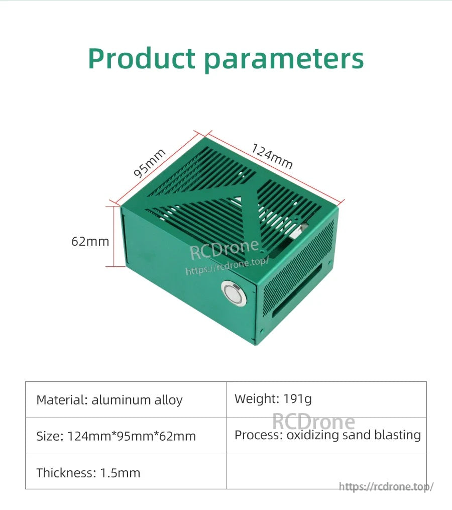 Product parameters showing case size 124×95×62 mm, 1.5 mm thickness, and 191 g weight