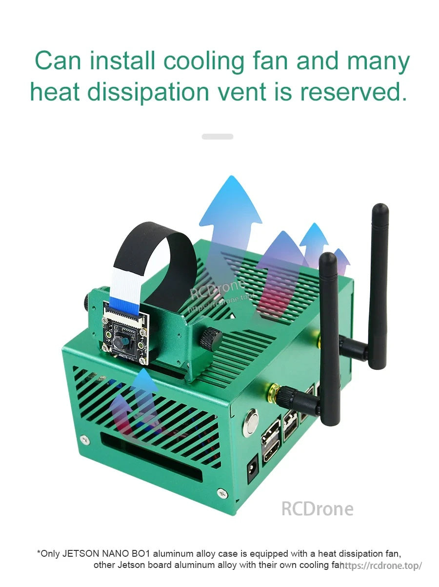 Vented Jetson case with airflow arrows and note that only Nano B01 version includes a cooling fan