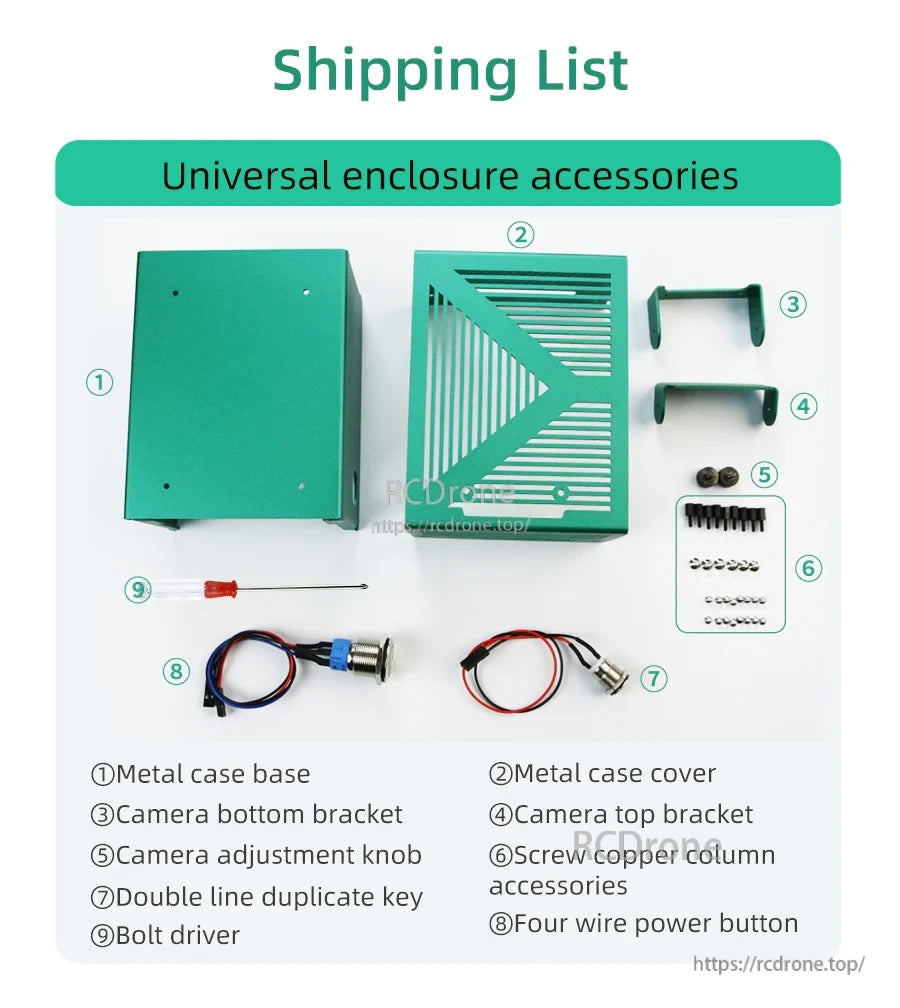 Yahboom green aluminum alloy case kit with base, vented cover, camera brackets, screws, switch and screwdriver