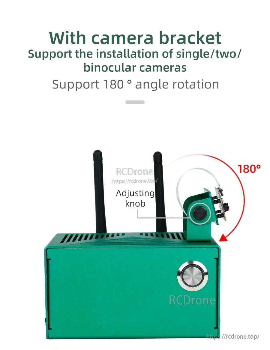 Side view of case with adjustable camera bracket supporting 180° rotation and front power button