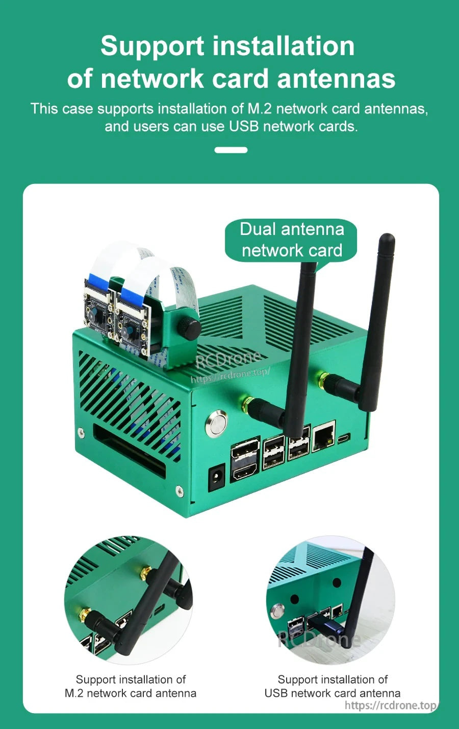 Case with dual antennas and notes supporting M.2 network card antenna or USB network card antenna installation