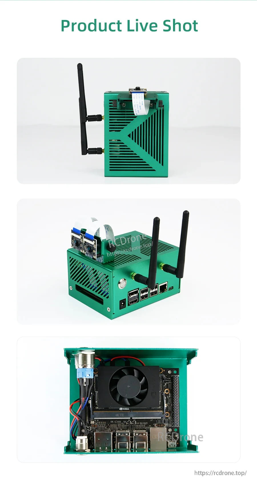 Product live shots showing side view, assembled case with antennas and camera bracket, and internal fan/board space