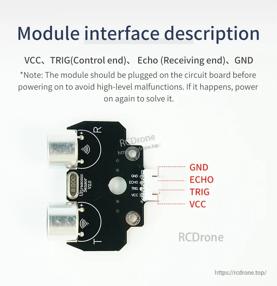 4-pin interface pinout labeled VCC, TRIG, ECHO, GND on the flat ultrasonic distance sensor