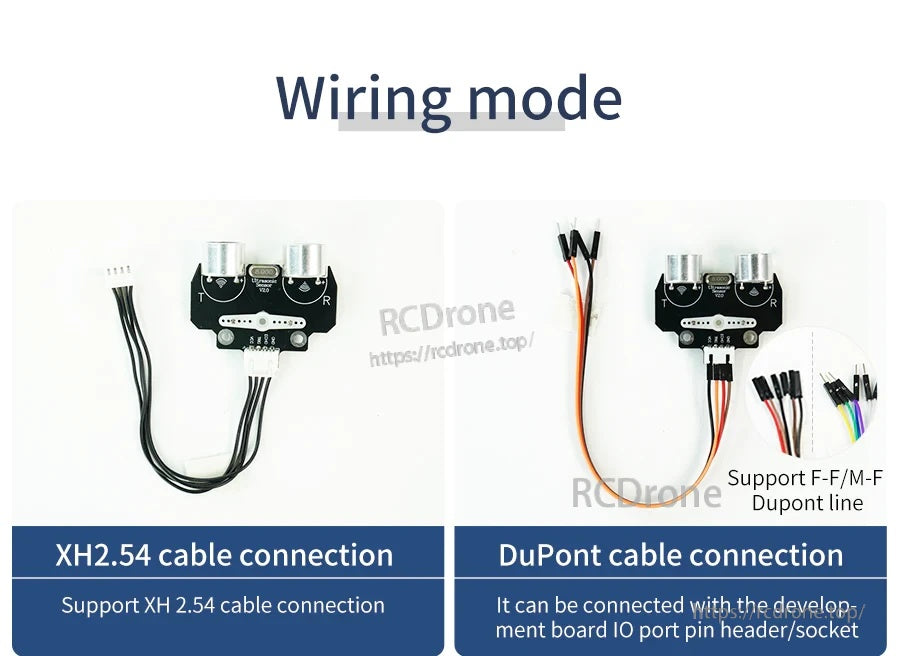 Wiring options for the flat ultrasonic module: XH2.54 4-pin cable and DuPont jumper connections