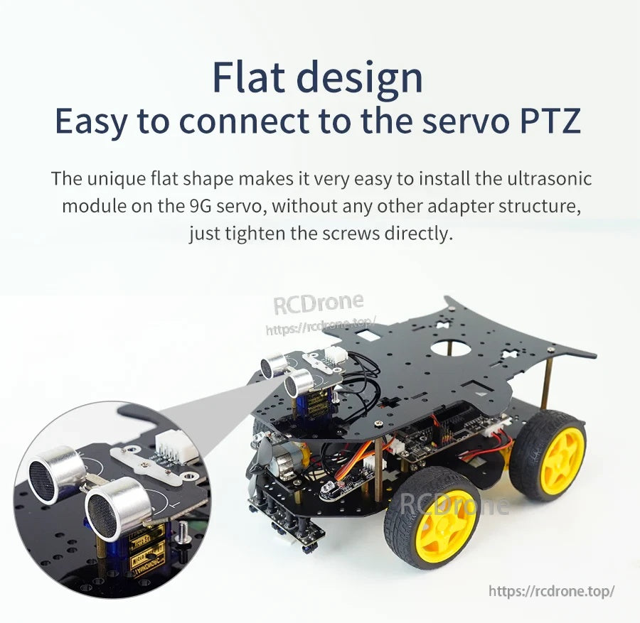Flat ultrasonic sensor mounted on a 9G servo PTZ for left/right scanning on a robot car chassis