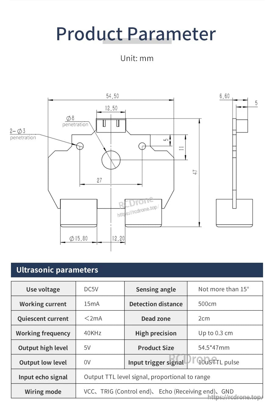 Mechanical drawing and key parameters for the flat ultrasonic module, including size and sensing angle table