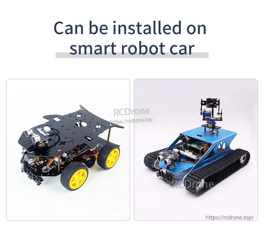 Smart robot car installation examples showing the flat ultrasonic sensor used on wheeled and tracked platforms