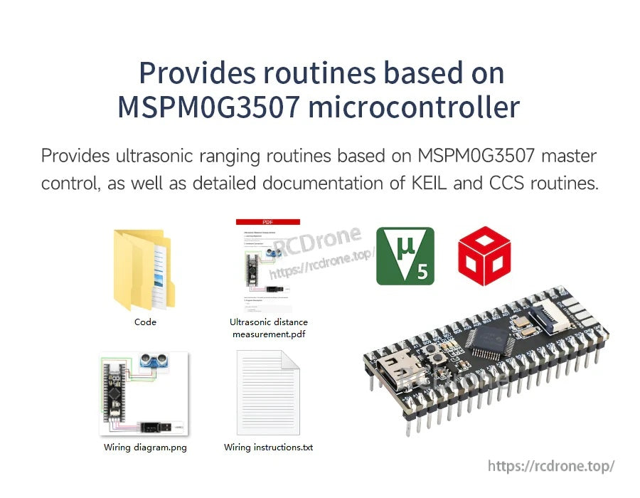 MSPM0G3507 routine resources and documentation icons for ultrasonic ranging code and wiring references