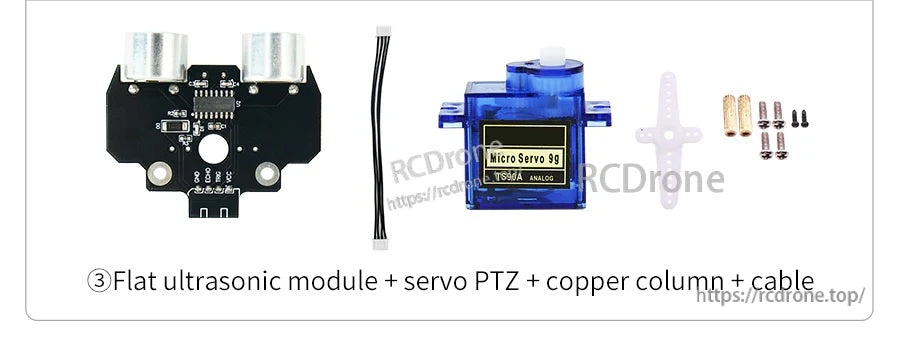 Bundle option: flat ultrasonic module with 9G micro servo, PTZ hardware, copper standoffs, and cable