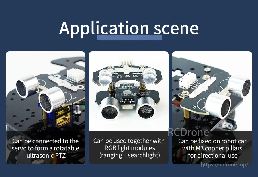 Application examples: servo PTZ scanning, pairing with RGB light module, and fixed mounting with copper pillars