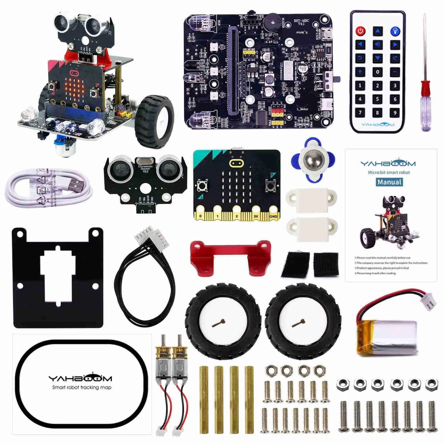 Yahboom Bitbot robot car kit contents flat lay: chassis board, wheels, IR remote, battery, screws, manual