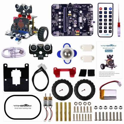Kit parts overview with controller board, ultrasonic module, two tires, mounting brackets, and hardware set
