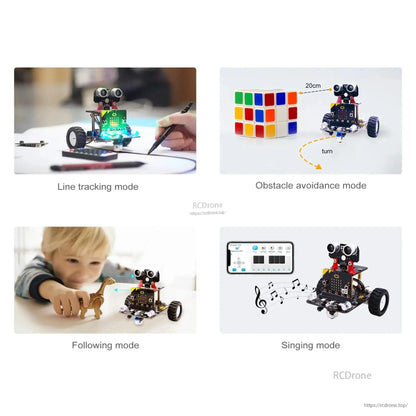 Bitbot robot car modes collage: line tracking, obstacle avoidance, following, and singing/music control