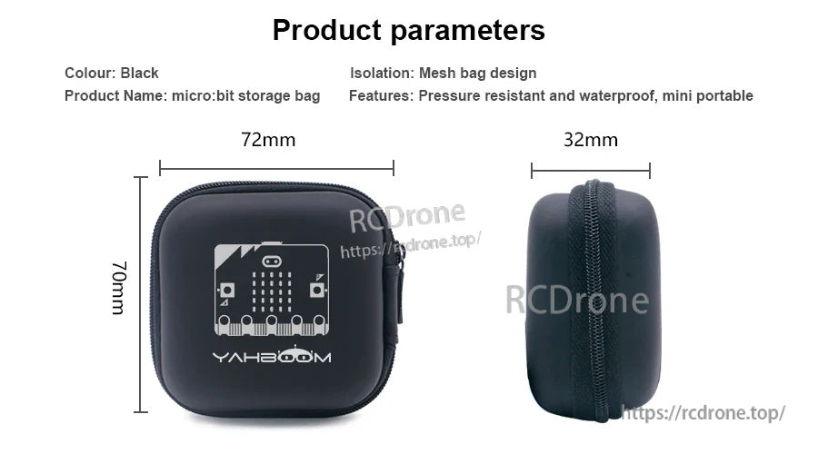 Yahboom micro:bit mini storage bag dimensions diagram: 72 x 70 x 32 mm, black case