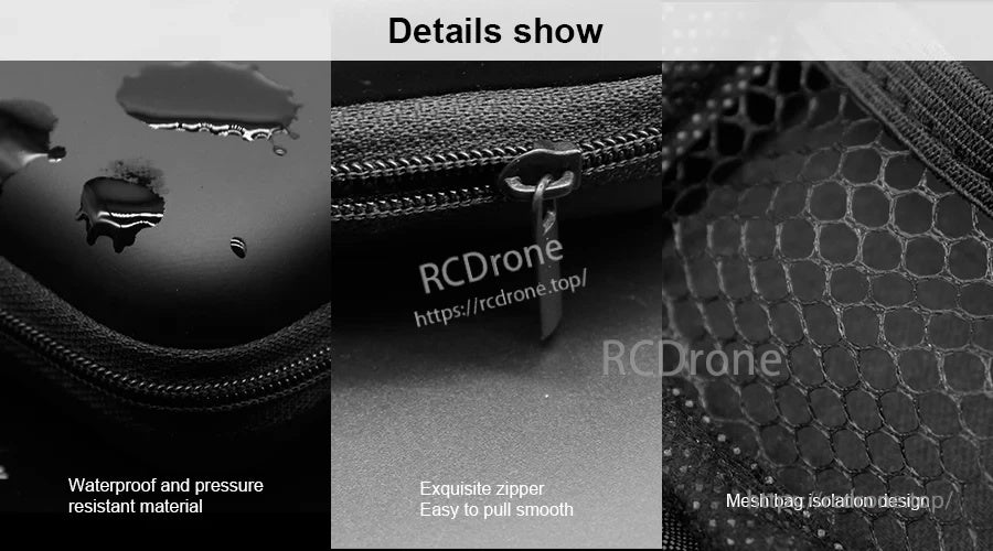 Close-ups of waterproof surface, smooth zipper pull, and internal mesh pocket divider