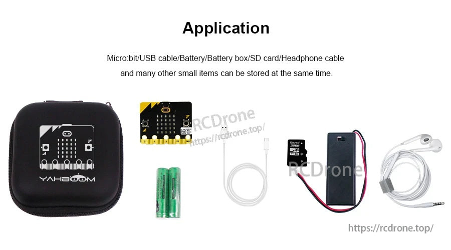 Micro:bit storage case with example items: board, USB cable, batteries, battery box, SD card and earphones