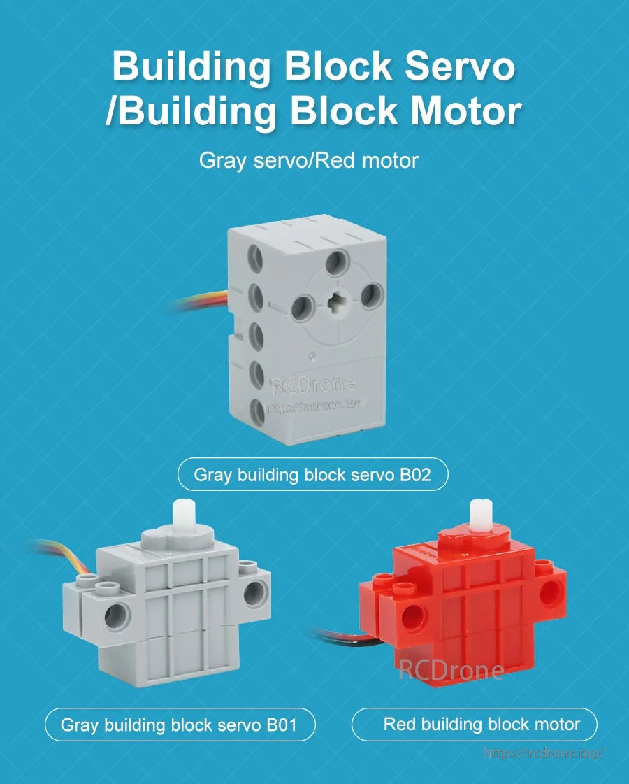 Yahboom Programmable Building Block Servo/Motor lineup with gray servos B01/B02 and red continuous-rotation motor