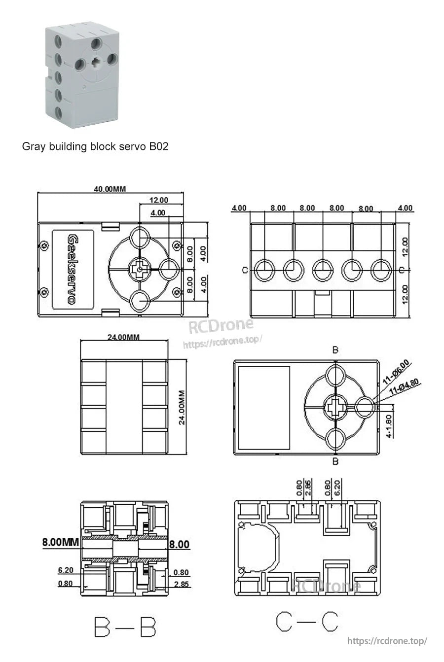Gray building block servo B02 mechanical drawing with detailed dimensions and section views (mm)