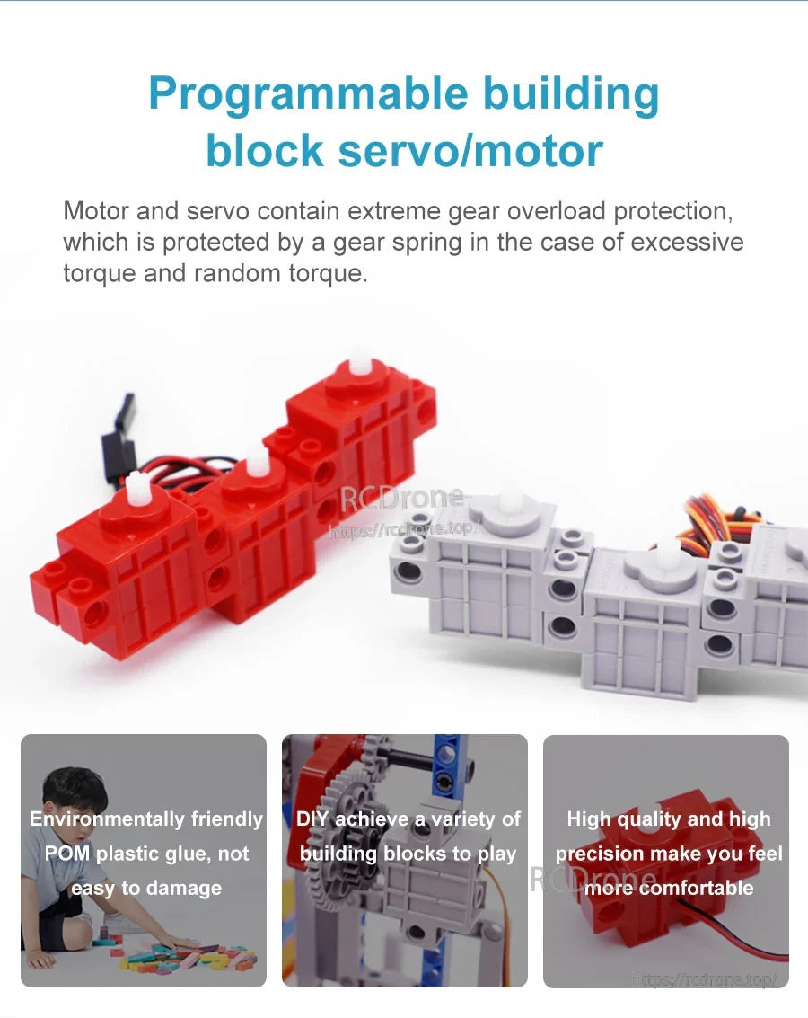 Red building block motor and gray servos with notes on gear overload protection and POM plastic housing