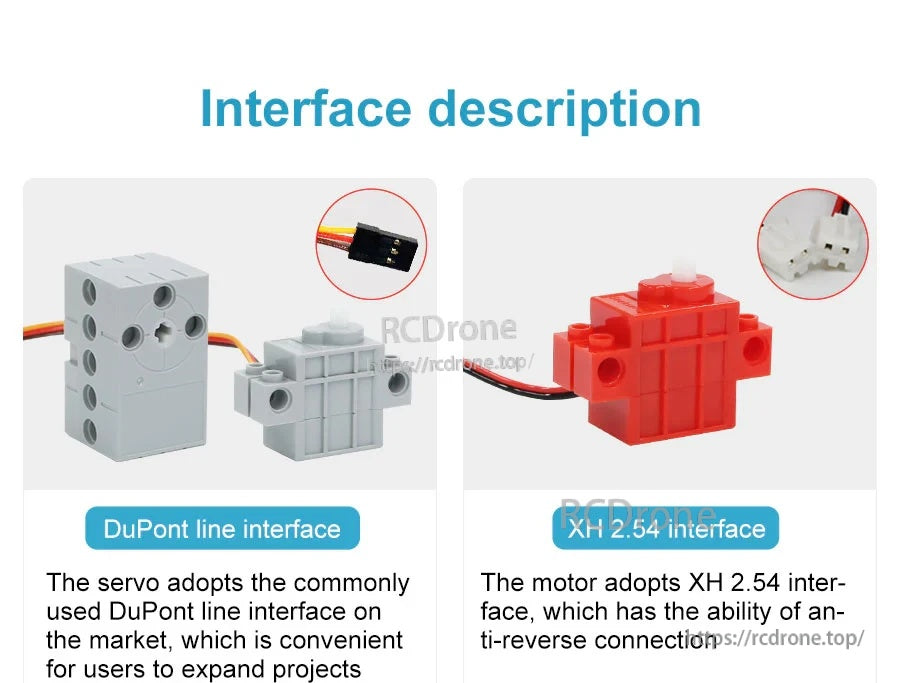 Connector types: DuPont lead for gray servo and XH 2.54 plug for red building block motor