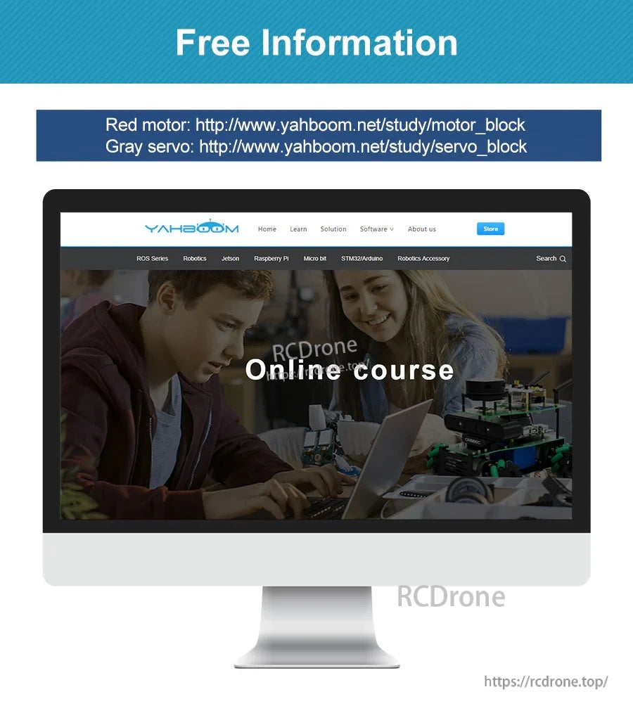 Yahboom resource screen with links to online study pages for the red motor and gray servo modules