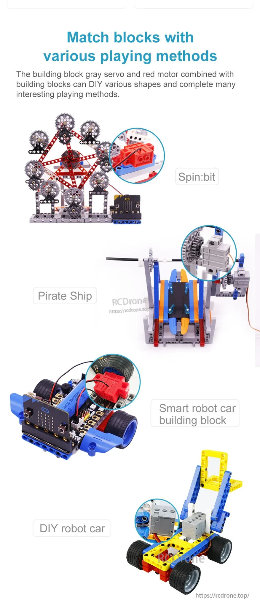 Example builds using the servo/motor with building blocks, including robot car, pirate ship, and spinning model