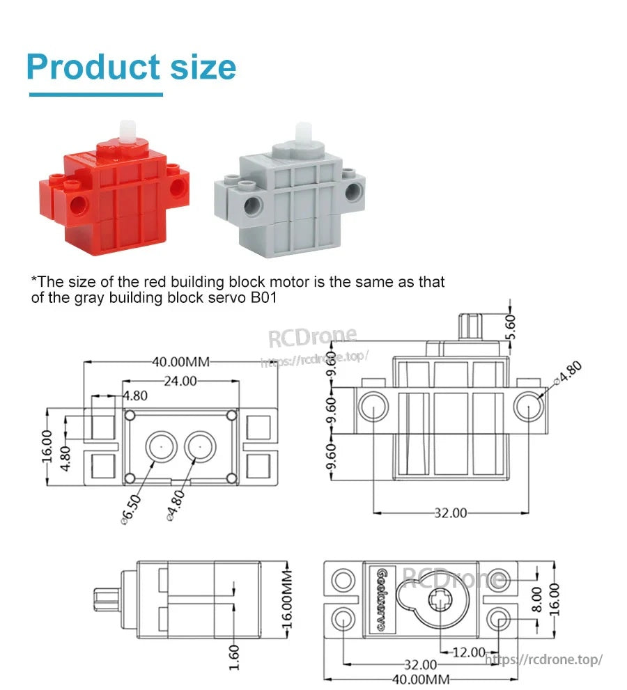 Red motor and B01 servo dimensions with mechanical drawing and mounting hole measurements (mm)