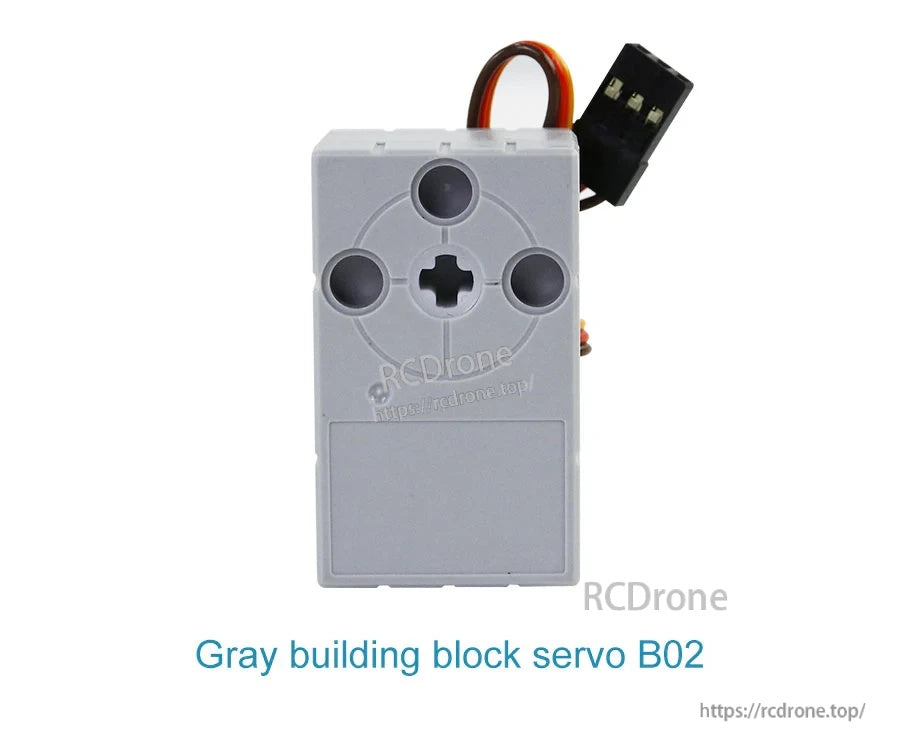 Gray building block servo B02 close-up with 360° dual-output design and DuPont connector lead