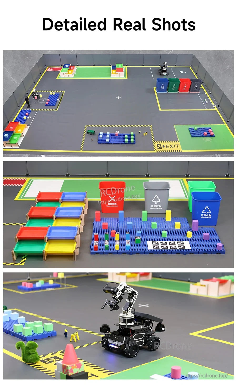 Robotics training sandbox map kit scene with marked lanes, blocks, ramps, bins, and a small robot on track