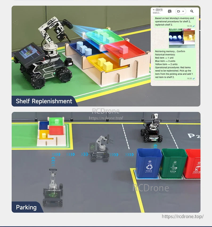 Shelf replenishment and parking navigation tasks on the AI scene sandbox map with P1/P2 parking spaces