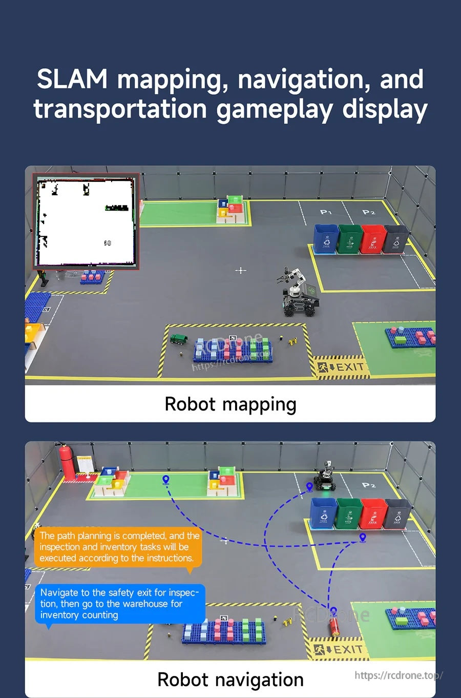 SLAM mapping and navigation gameplay display on the sandbox map, including robot mapping view
