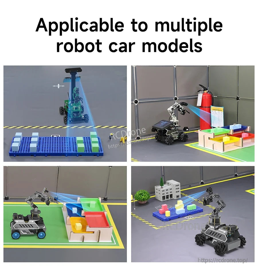 Yahboom robotics scene sandbox map with robot cars navigating lanes, blocks and sorting areas on a training mat