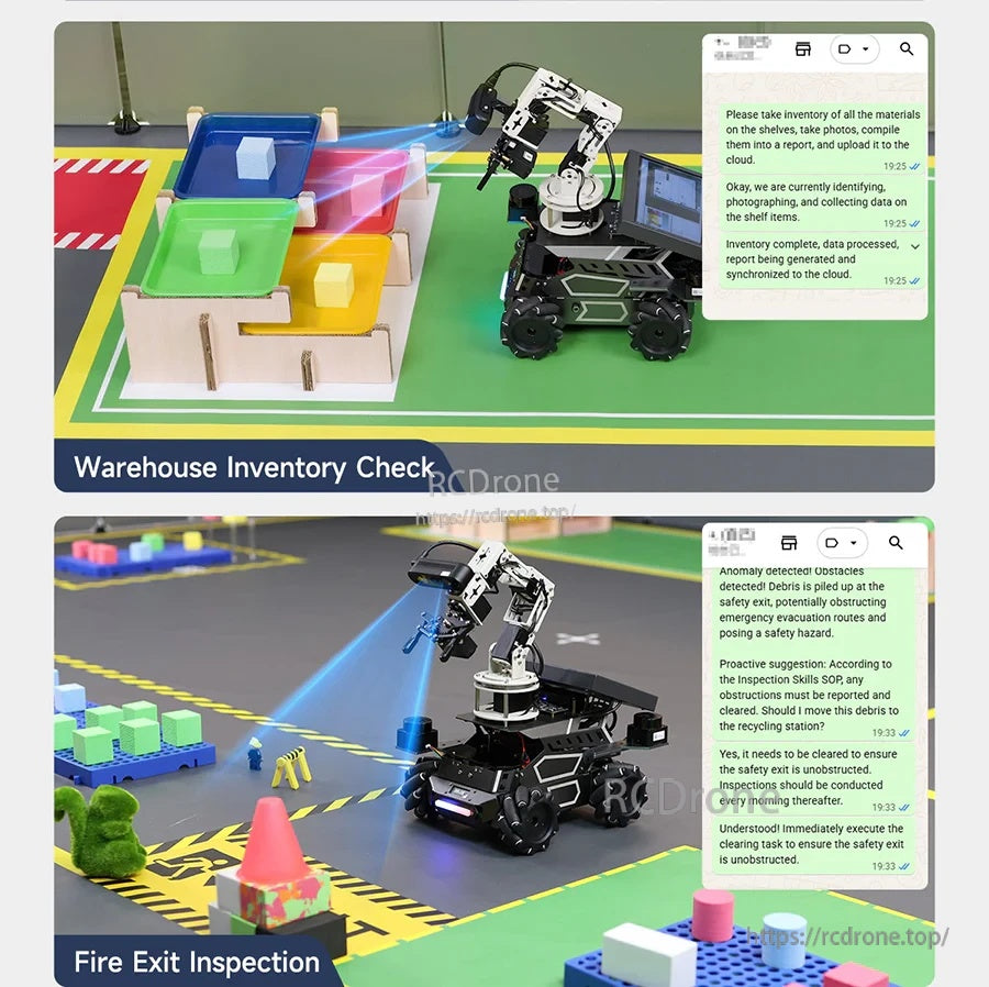 Warehouse inventory check and fire exit inspection tasks demonstrated on the sandbox map with robot arm