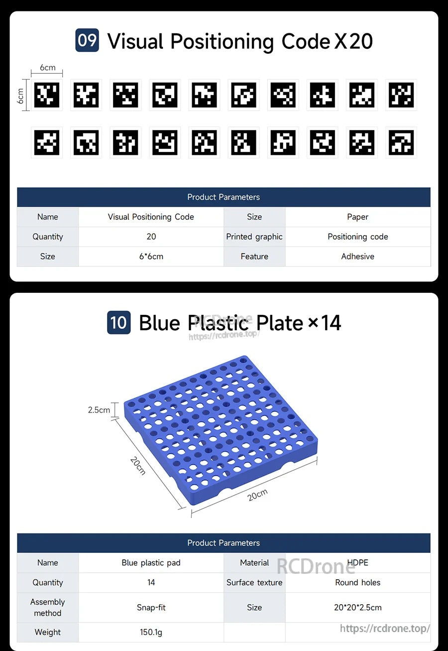 Visual positioning code set (20pcs, 6×6cm) and blue perforated HDPE plastic plates (14pcs, 20×20×2.5cm)