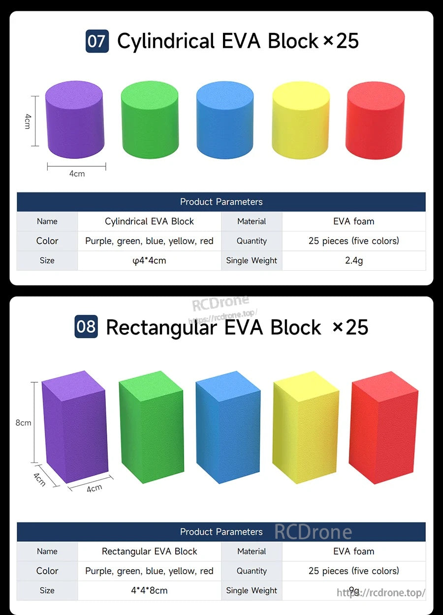 Set of cylindrical and rectangular EVA foam blocks in five colors with size and quantity specifications