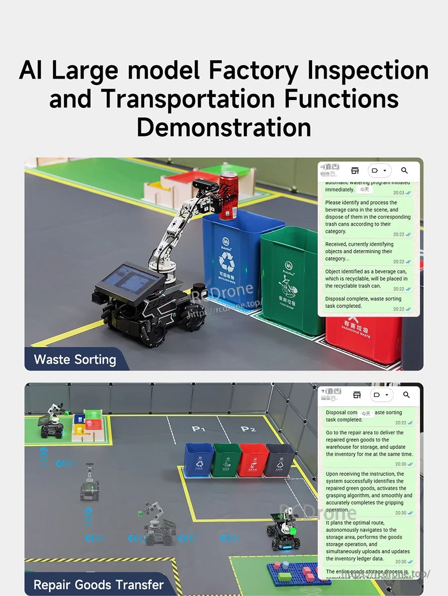Demonstration of waste sorting and repair goods transfer tasks using a wheeled robot and robotic arm