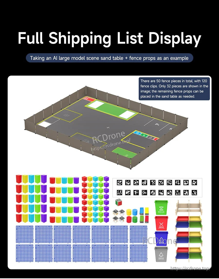 Full shipping list display with arena and all props arranged, including fence, bins, mats, blocks and markers