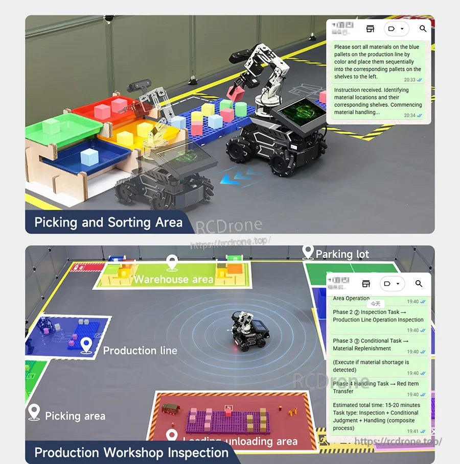 Picking and sorting area plus production workshop inspection routes on the sandbox map with labeled zones