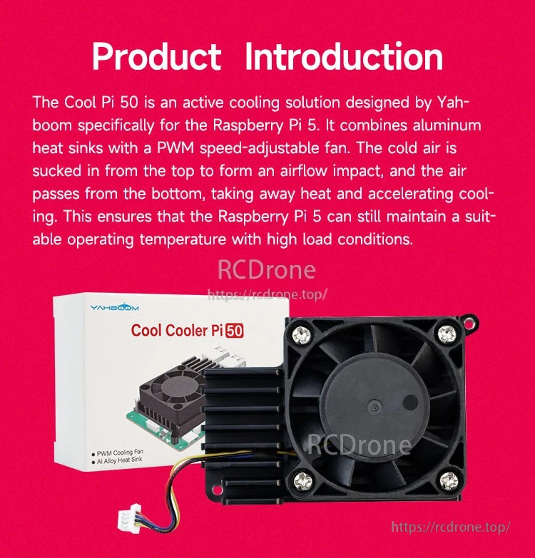 Cool Cooler Pi50 packaging and active cooler kit with 40×40×10mm fan and finned aluminum heatsink