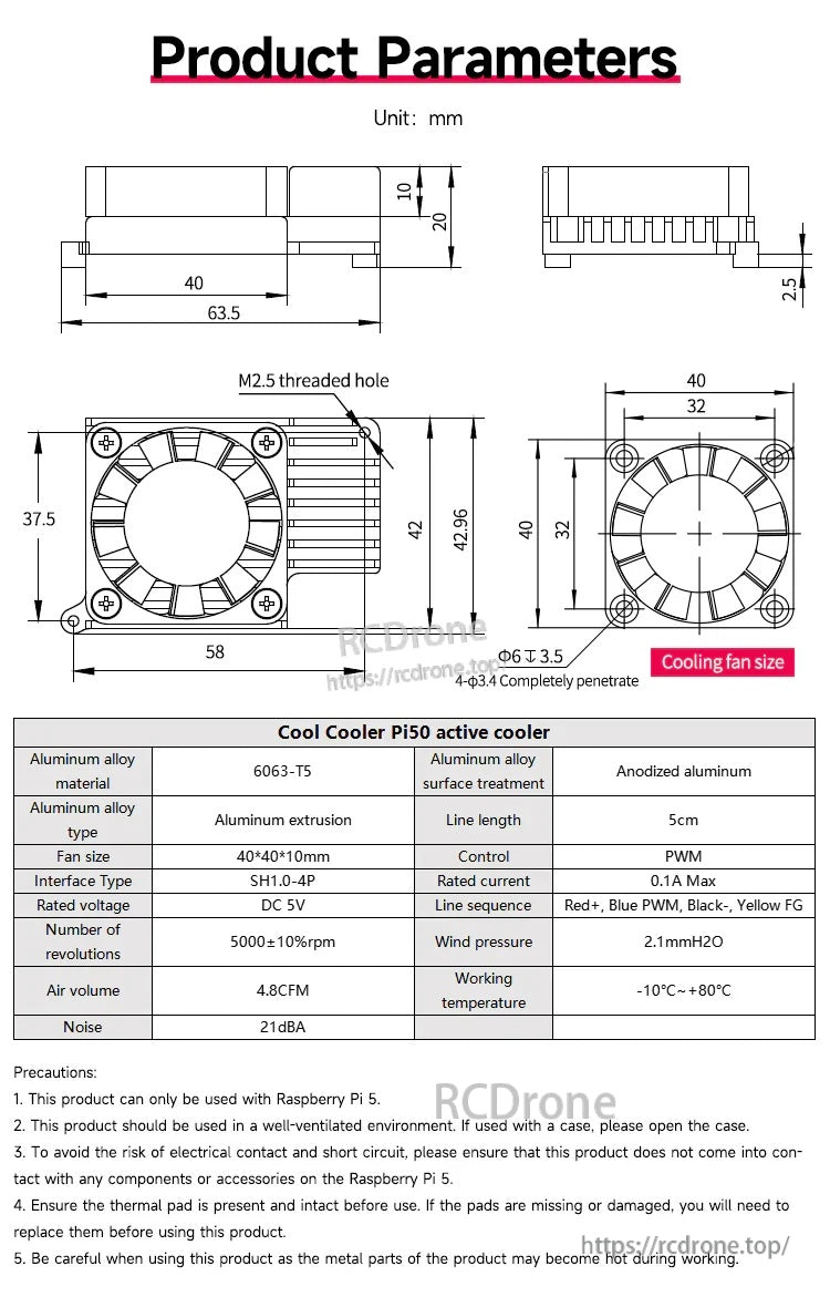 Cool Cooler Pi50 product parameters diagram with mechanical dimensions, fan size 40mm, and full specification table