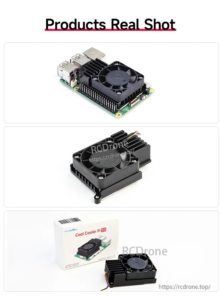 Real product photos: Cool Cooler Pi50 installed on Raspberry Pi 5, cooler alone, and retail box with cooler