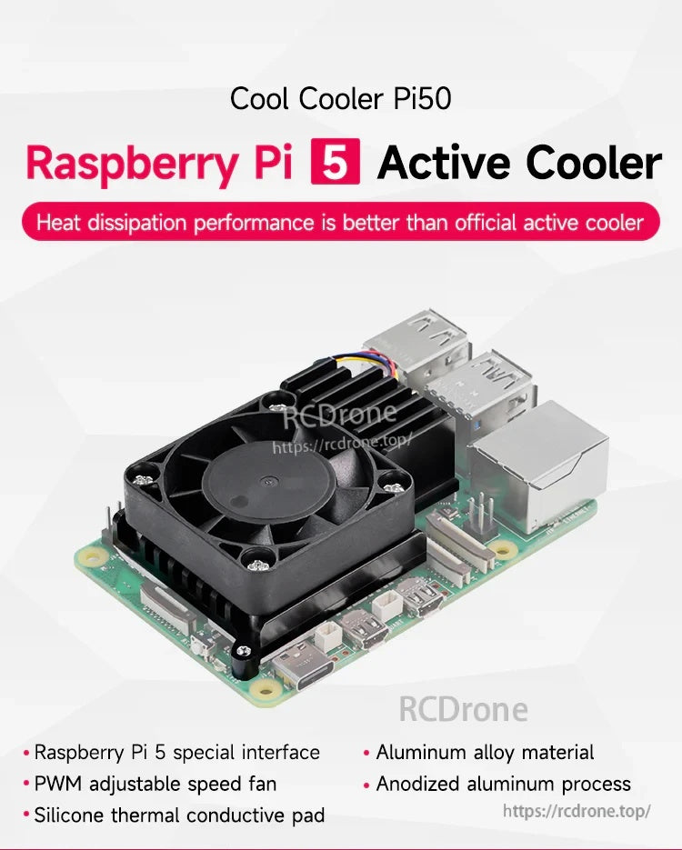 Yahboom Cool Cooler Pi50 active cooler installed on Raspberry Pi 5 with PWM 40mm fan and heatsink