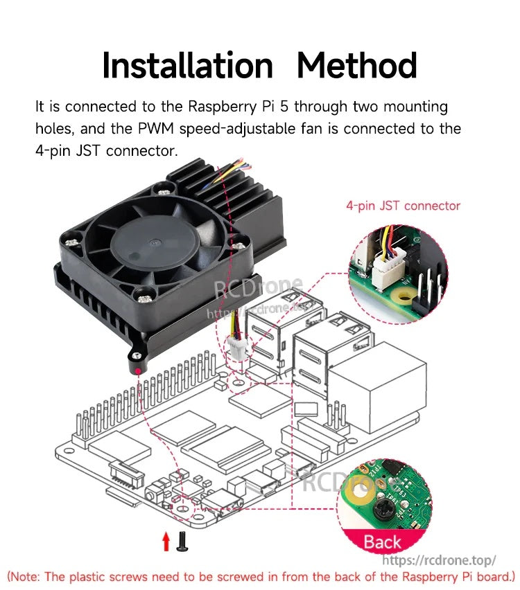 Installation method graphic: mount Cool Cooler Pi50 to Raspberry Pi 5 using two holes and connect 4-pin JST PWM